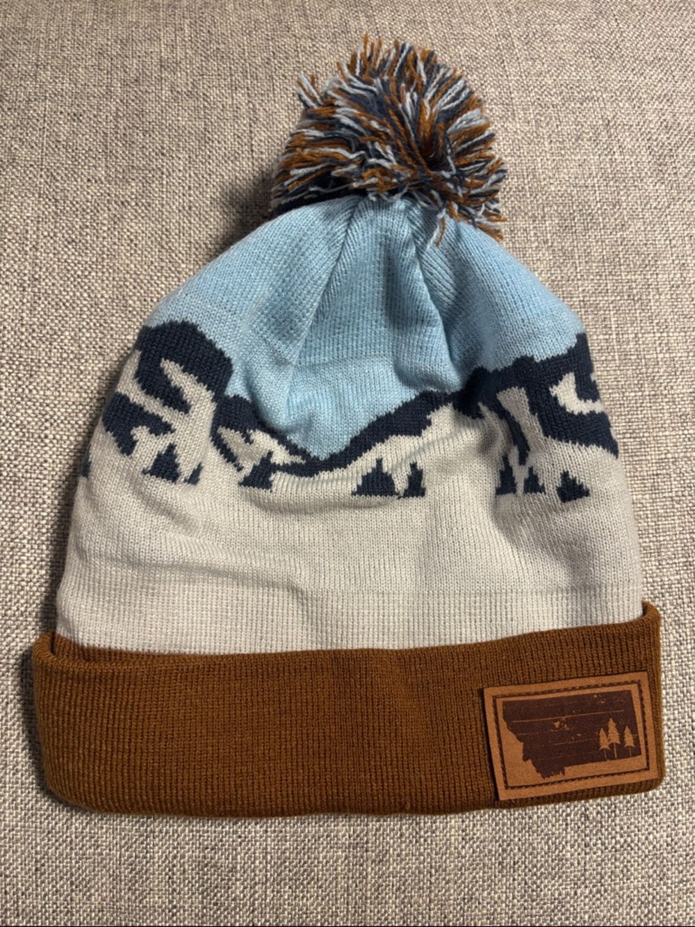 Locale Blue, Cream & Brown Pom Beanie - Mountain Pattern